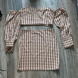 Houndstooth Off-Shoulder Long Sleeve Crop Top & Mini Skirt Set - Cream & Brown